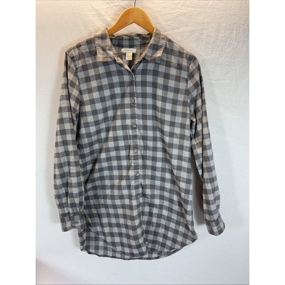 Garnet Hill size 10 Gray flannel Buffalo plaid‎ Organic Pima Button Up Tunic Top